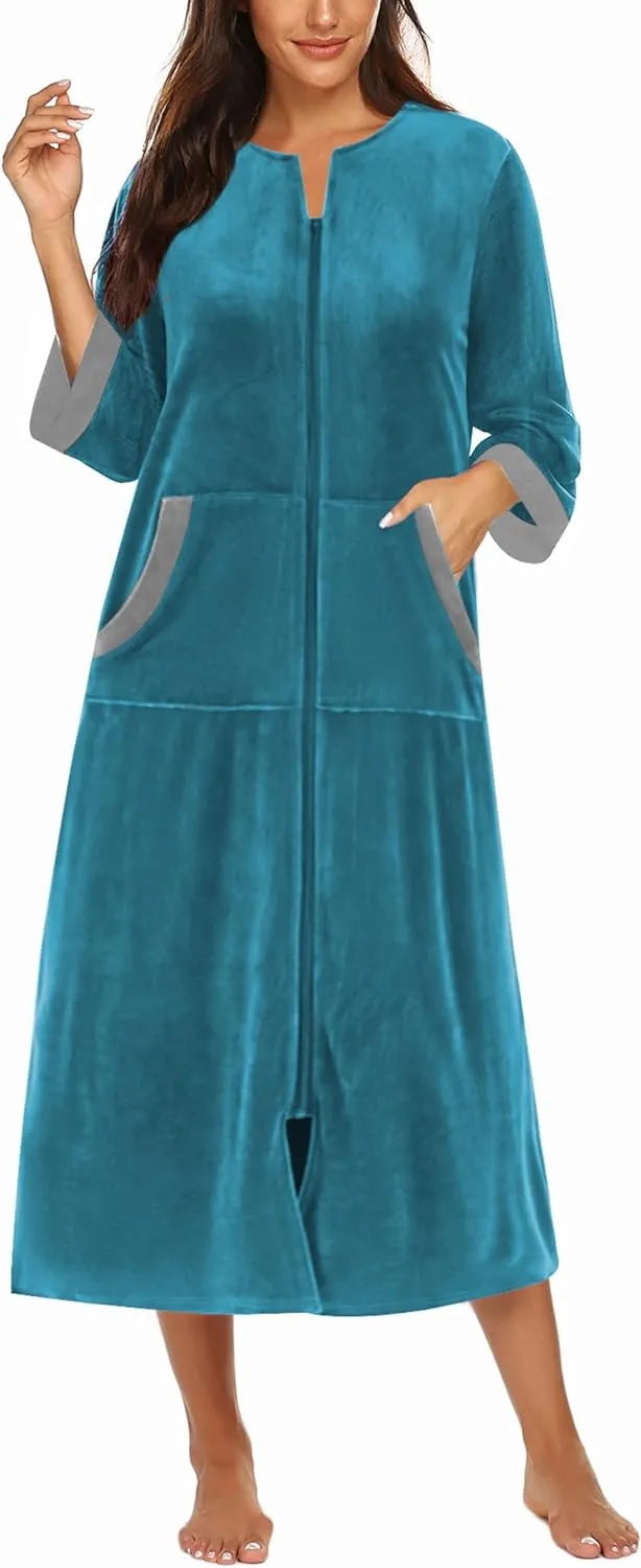 50% OFF Women Zipper Robe 3/4 Sleeves Loungewear Dress Full Length Sleepwear Pockets Housecoat Nightgown Long Bathrobe