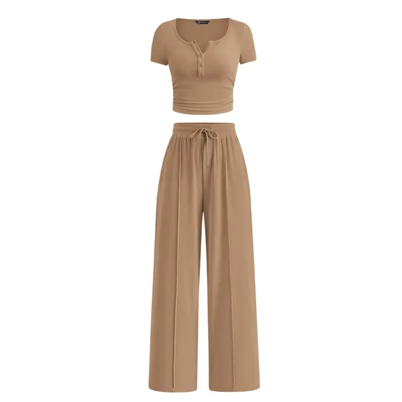 Women's two-piece summer ribbed knit button short-sleeve crop top and wide-leg pants