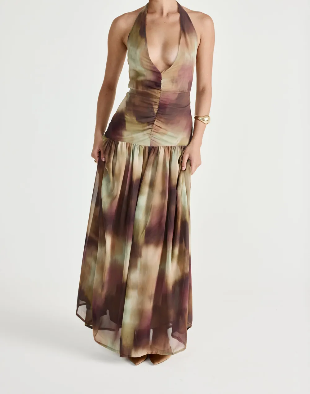 Flowy Pleated Open-Back Deep-V Dress
