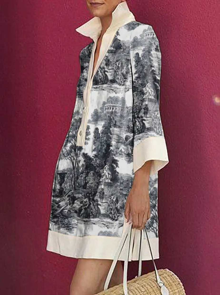 Long Sleeve Relaxed Printed Lapel Mini Dress Shirt Dress