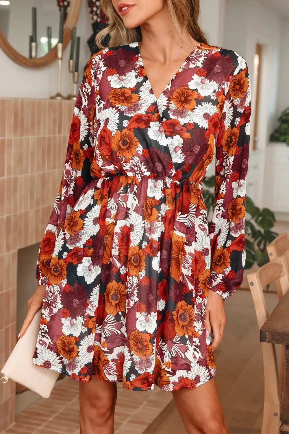 Lightweight Feel Floral Printed V Neck Mini Dress