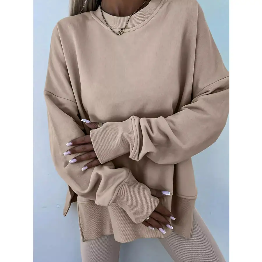 Solid Oversize Slit Sweatshirt and Ribbed Leggings 2pcs Set