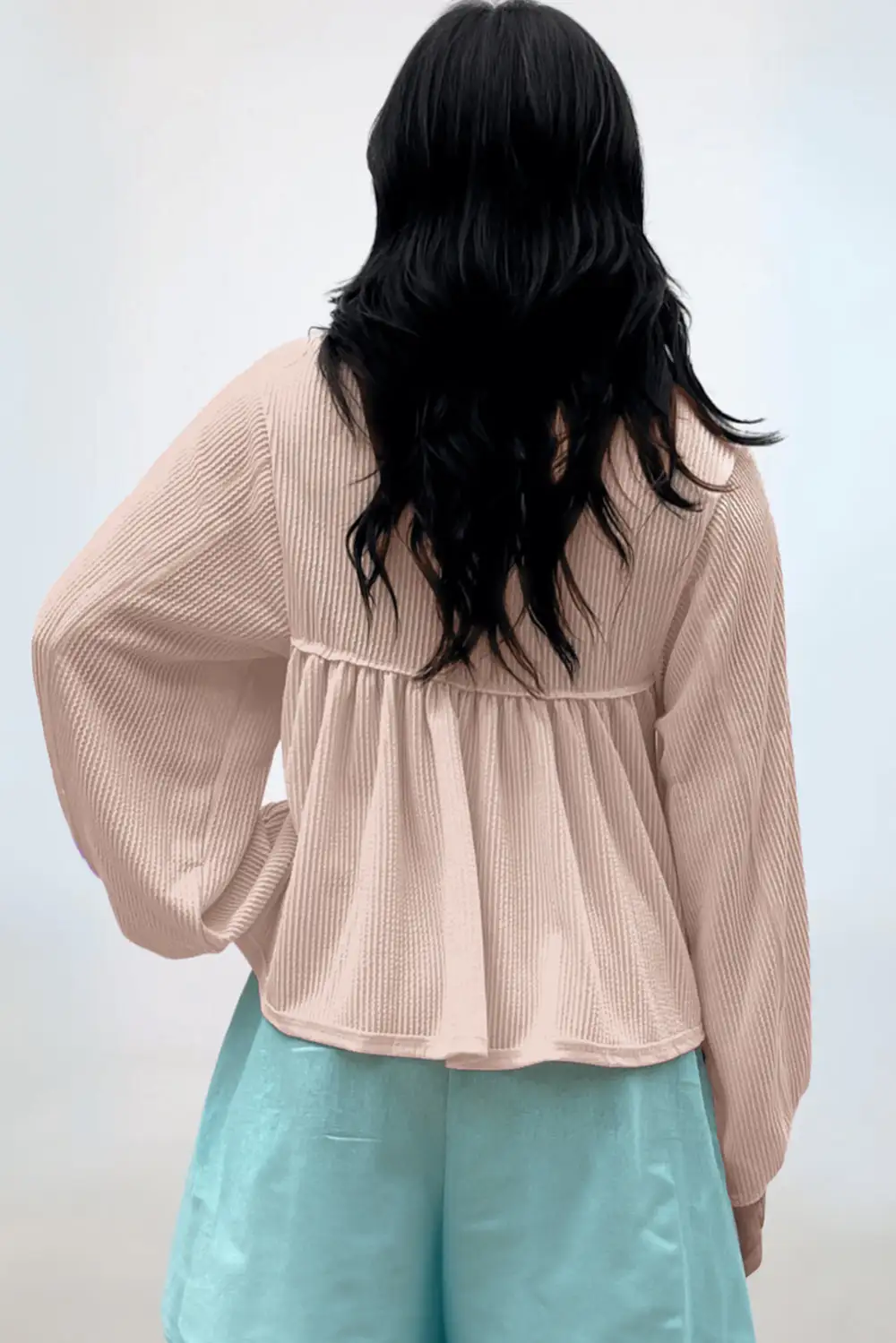 Classic Corded Turn Down V Neck Bubble Sleeve Babydoll Blouse