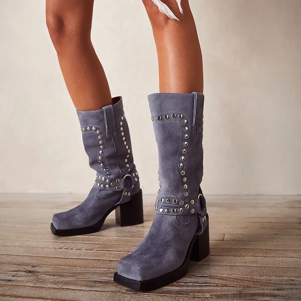 Faux-Suede Studded Buckle-Detail Square-Toe Mid-Calf Boots