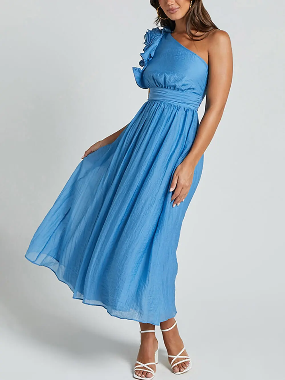 Romantic Seaside One Shoulder Frill Detail Midi Dress
