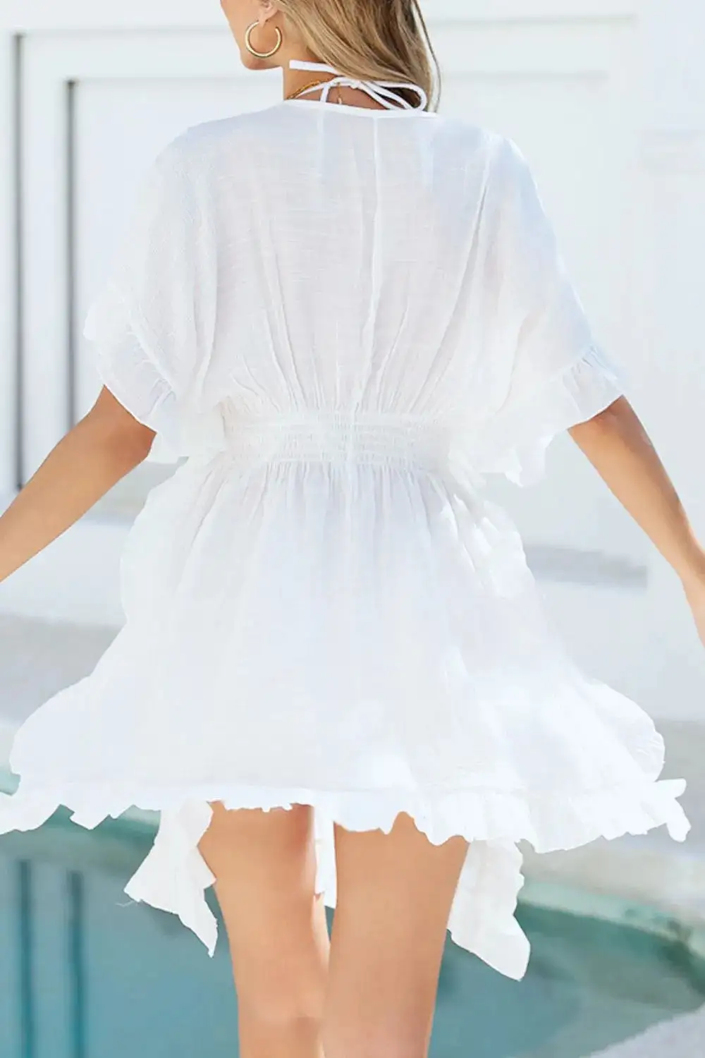 Ruffled Smocked Waist V Neck Swim Cover Up