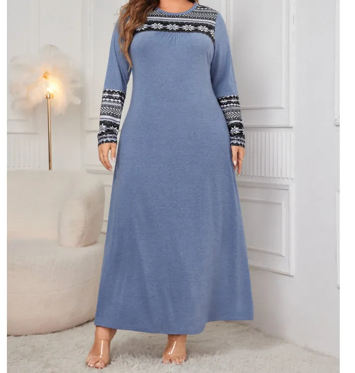 Plus Size Printed Round Neck Long Sleeve Dress