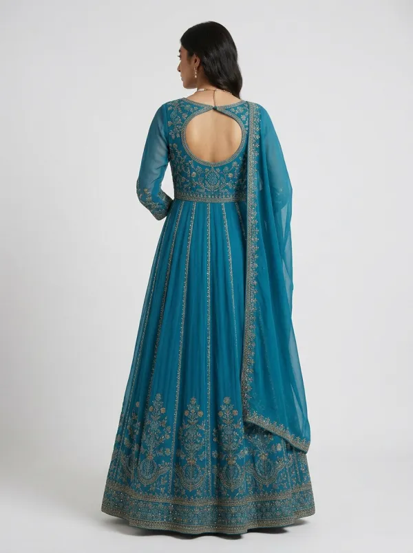 Women's Indian Floral Embroidered V-Neck Sheer-Sleeve Anarkali Gown