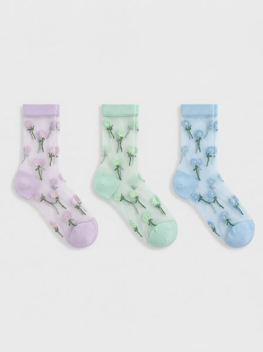 Women's Pastel Floral Embroidered Sheer Crew Socks 3-Pack