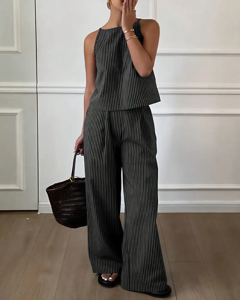 Minimalist Striped Drawstring Halter Top and Wide Leg Pants Set