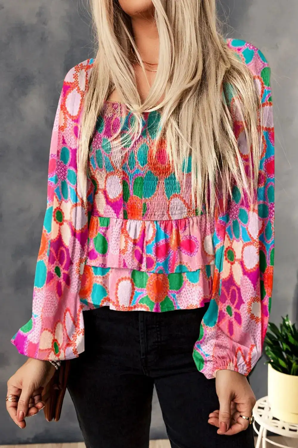 Ruffle Trim Smocked Blouse