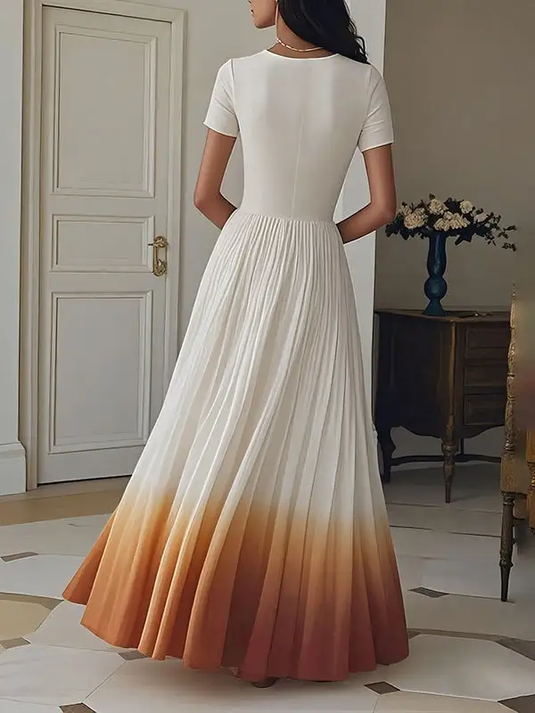 Gradient Pleated Neck Maxi Dress