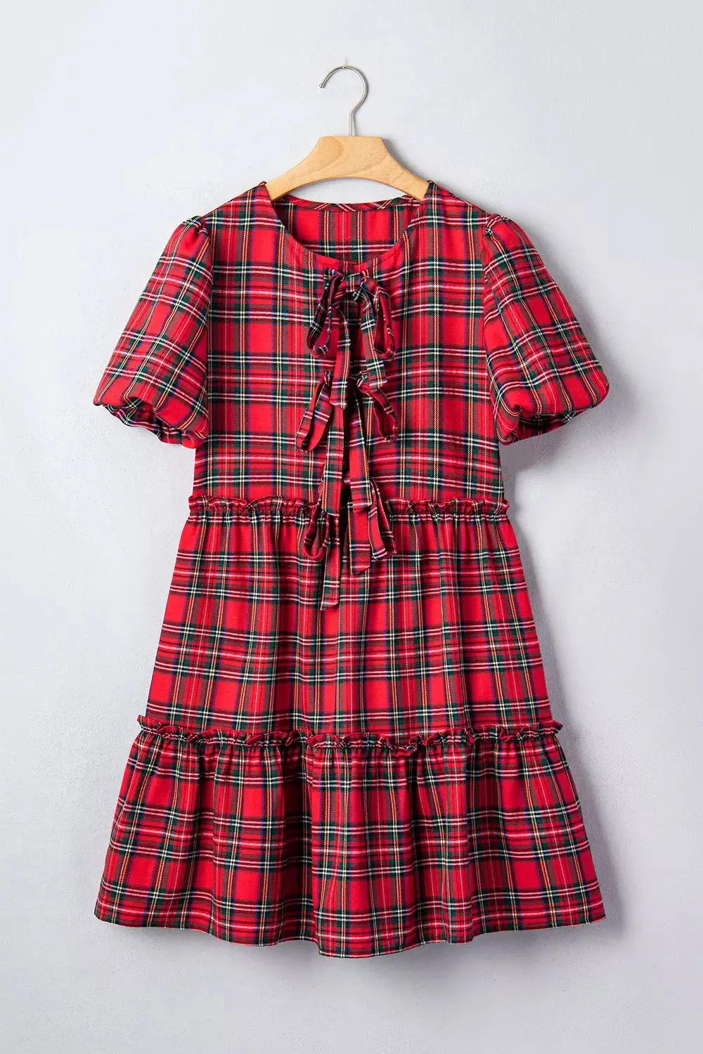 Plaid Knot Neck Short Sleeve Mini Shift Dress