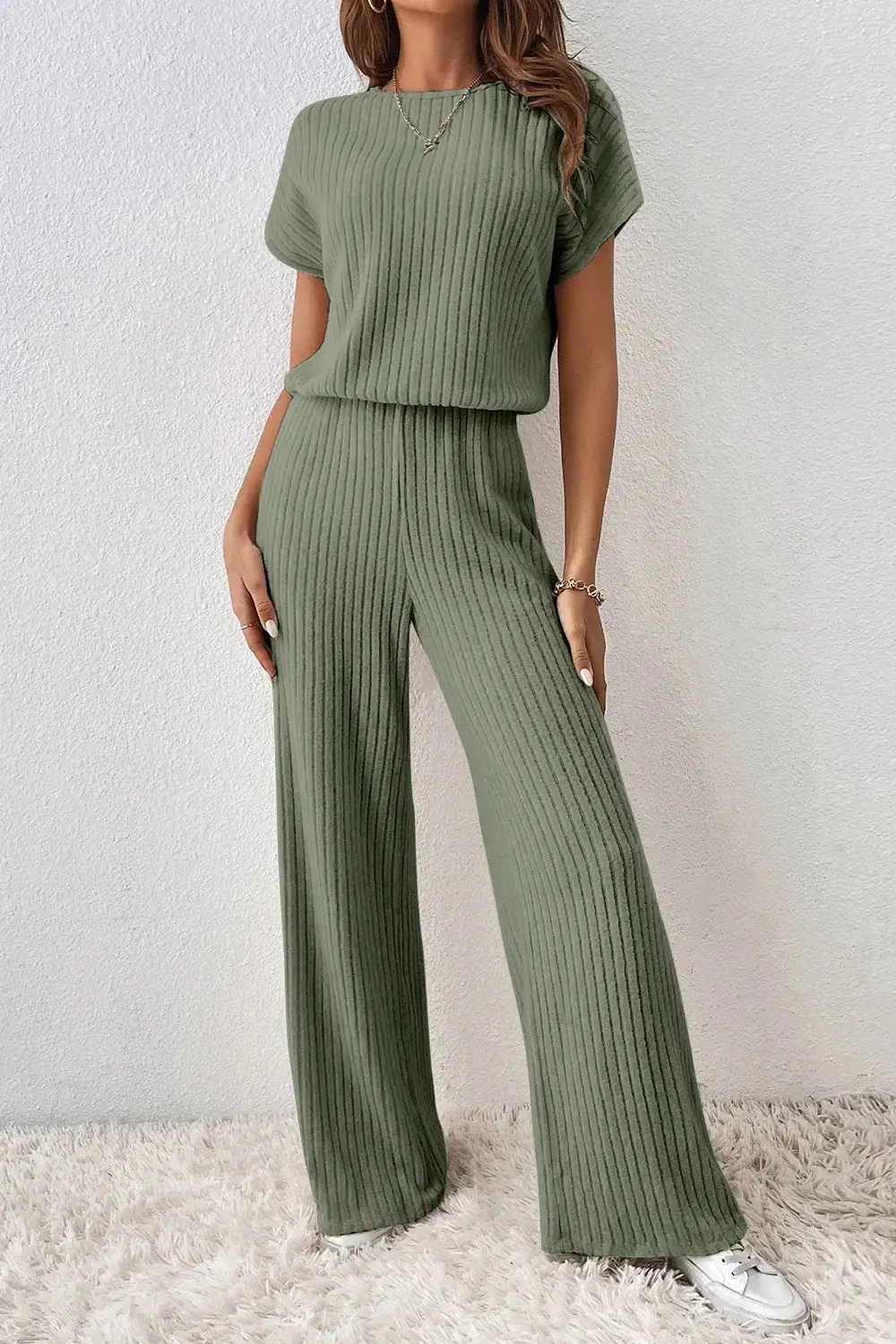 Ribbed Short Sleeve Wide Leg Jumpsuit Shorts