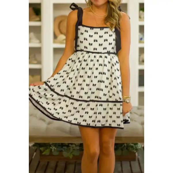 Bow Knot Color Contrast Trim Knotted Shoulder Mini Dress