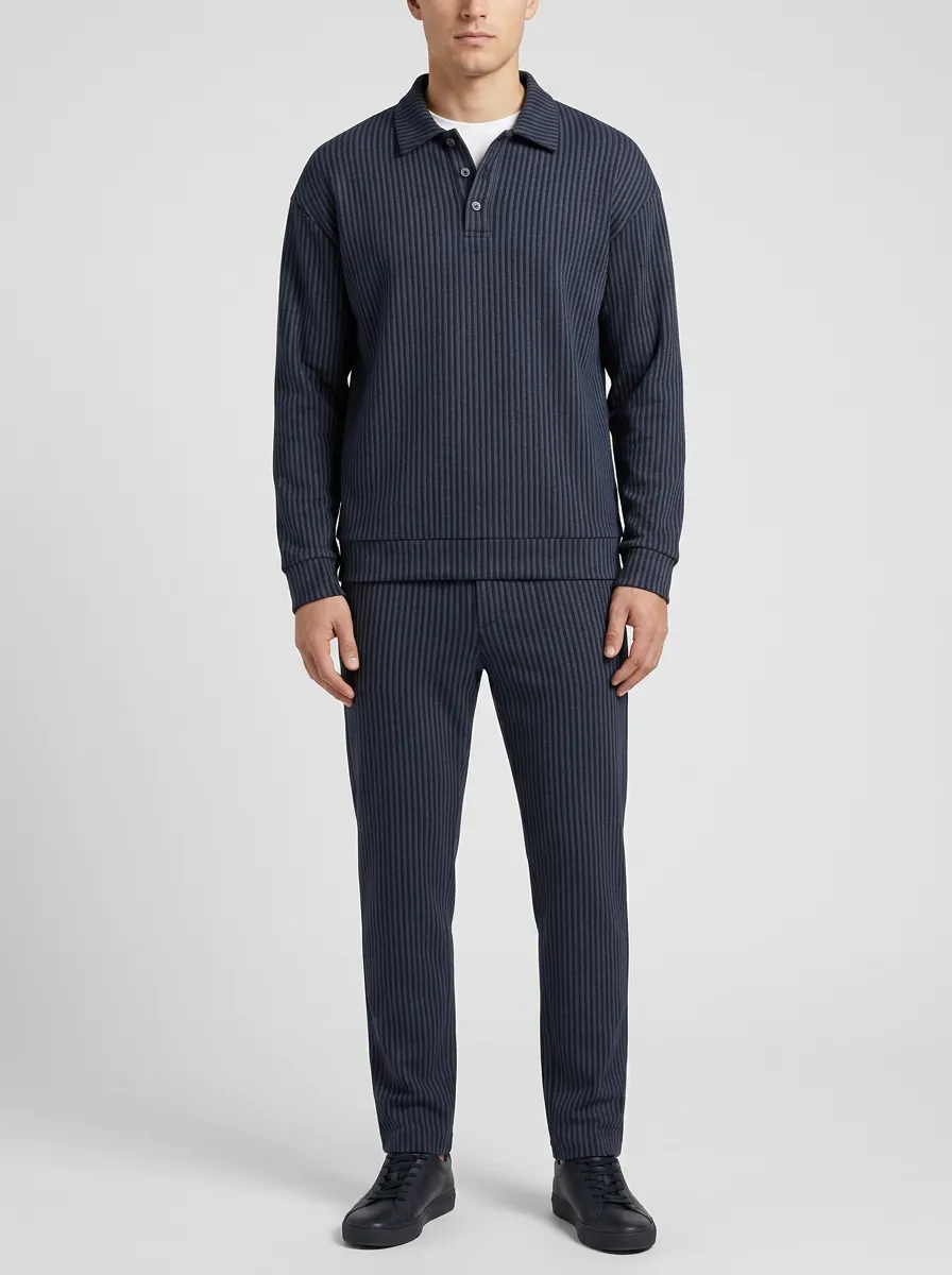 Men's Striped Ribbed Polo Shirt and Pants Set