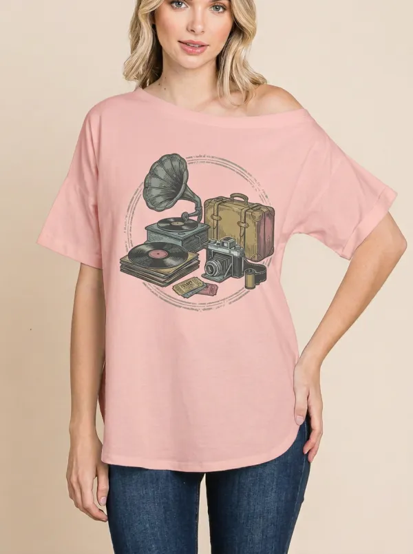 Women's Vintage Retro Collector Gramophone Camera Graphic Off-Shoulder T-Shirt
