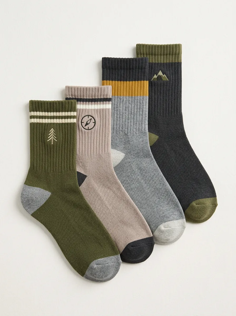 Pine Tree Motif Compass Motif Mountain Motif Striped Men's Crew Socks Four-Pair Pack