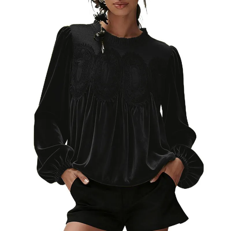 Women'S Long Sleeve Velvet Trim Lace Blouse Elegant Flared Swing Top