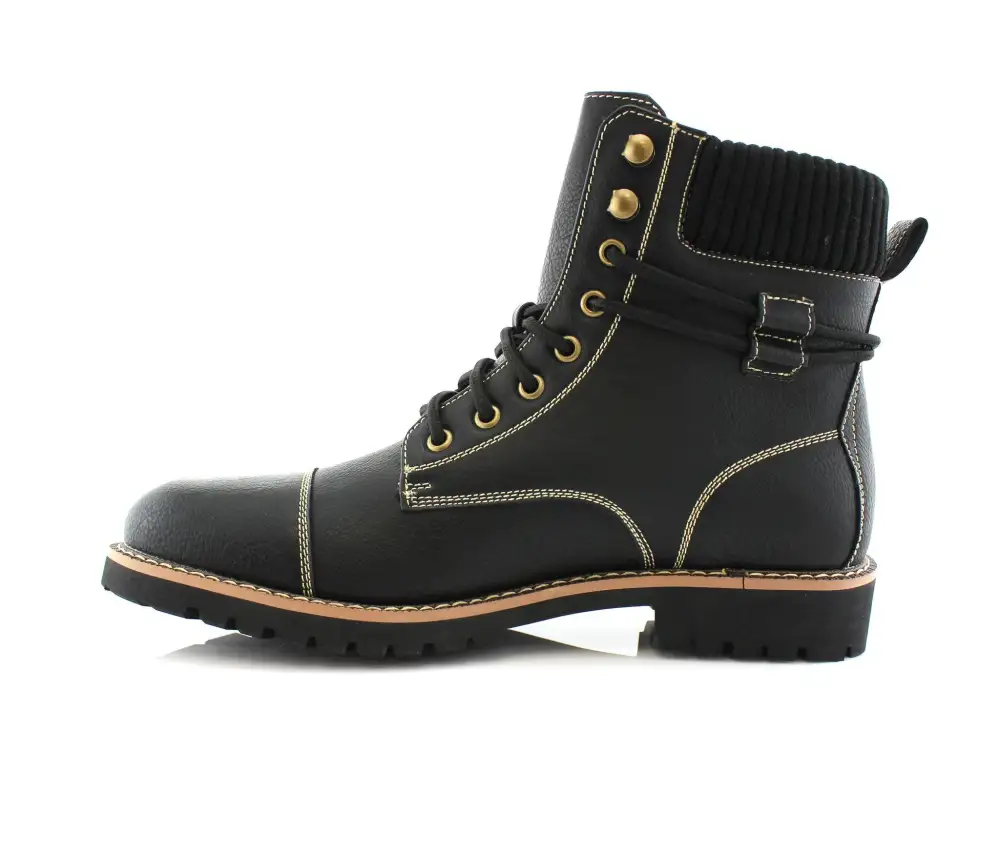 Faux-Leather Lace-Up Stitched Motorcycle Boots