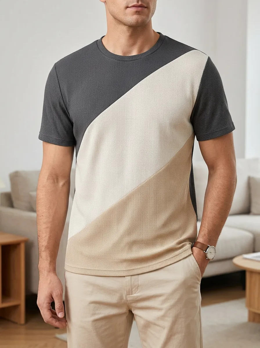 Men's Casual Colorblock Waffle Knit Modern Crew Neck T-Shirt