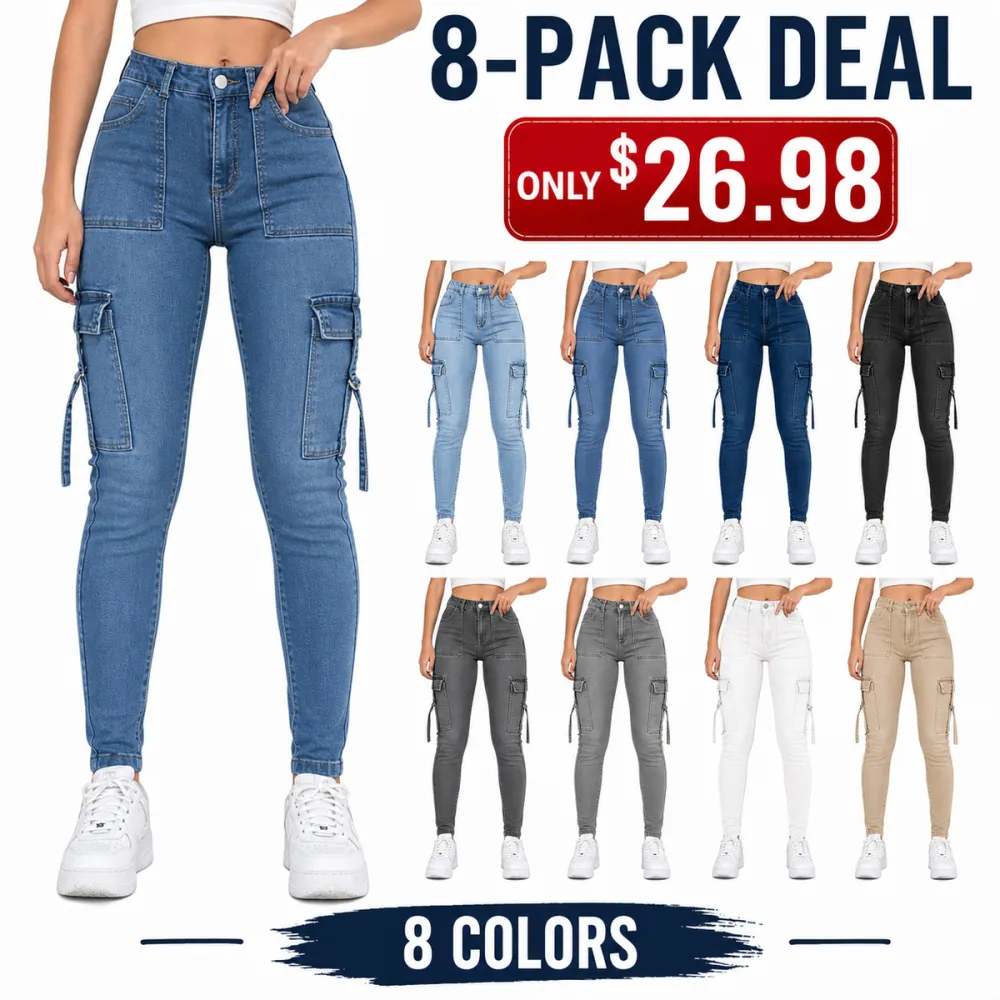 Women's Multi-Pocket Denim Cargo Pants High-Waisted Slim Fit