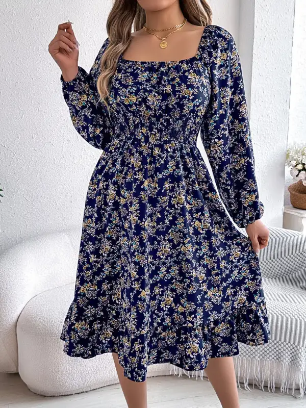 Floral Printed Square Neck Midi Dress