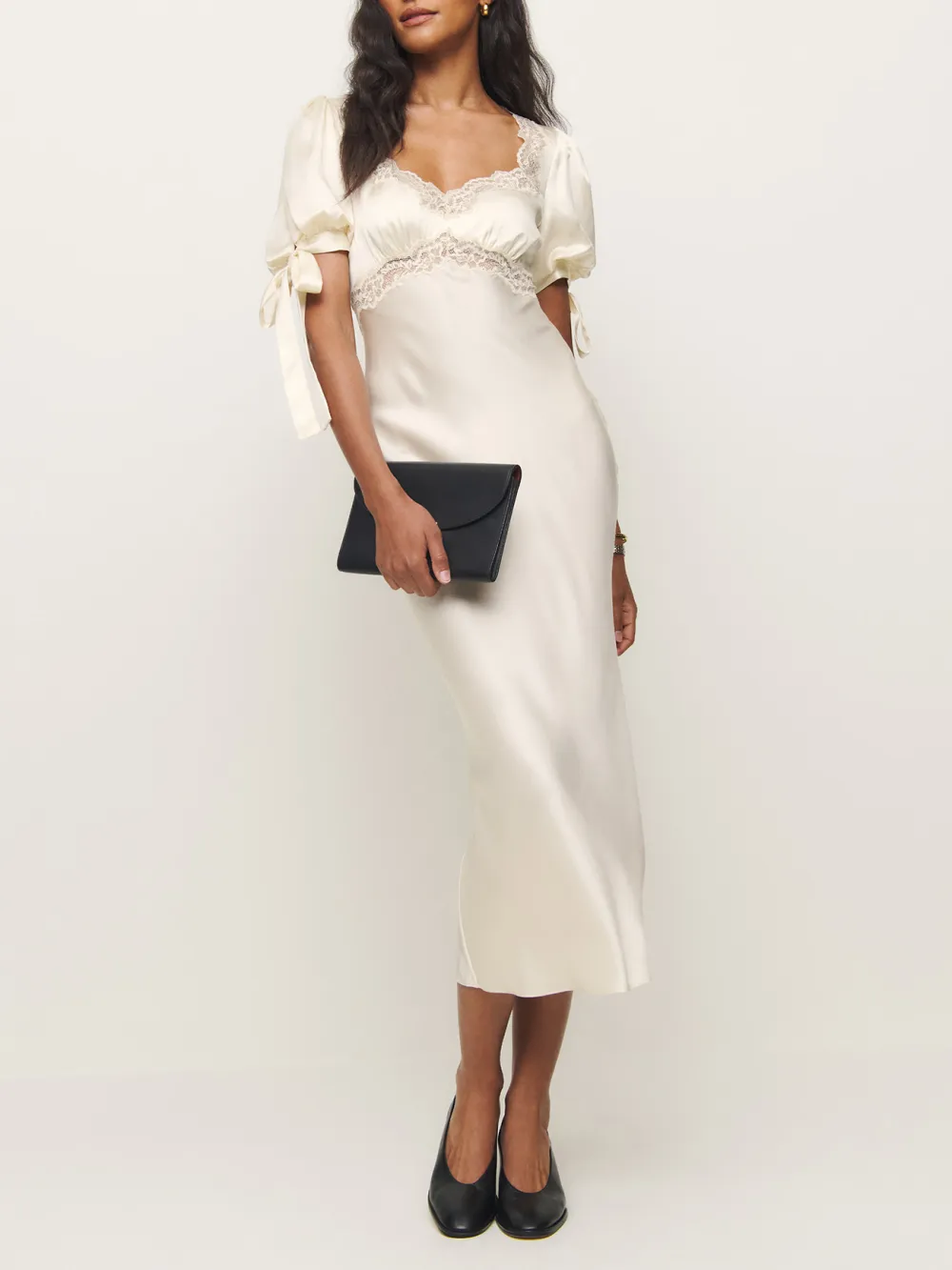 Lace Trimmed Tie Sleeve Silk Midi Dress