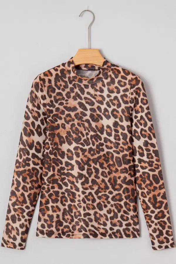 Leopard Print Mesh Long Sleeve Top