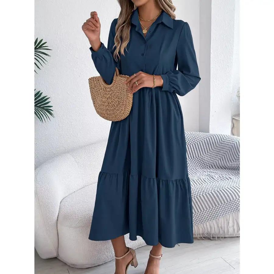 Long Sleeve Tiered Button Front Midi Dress