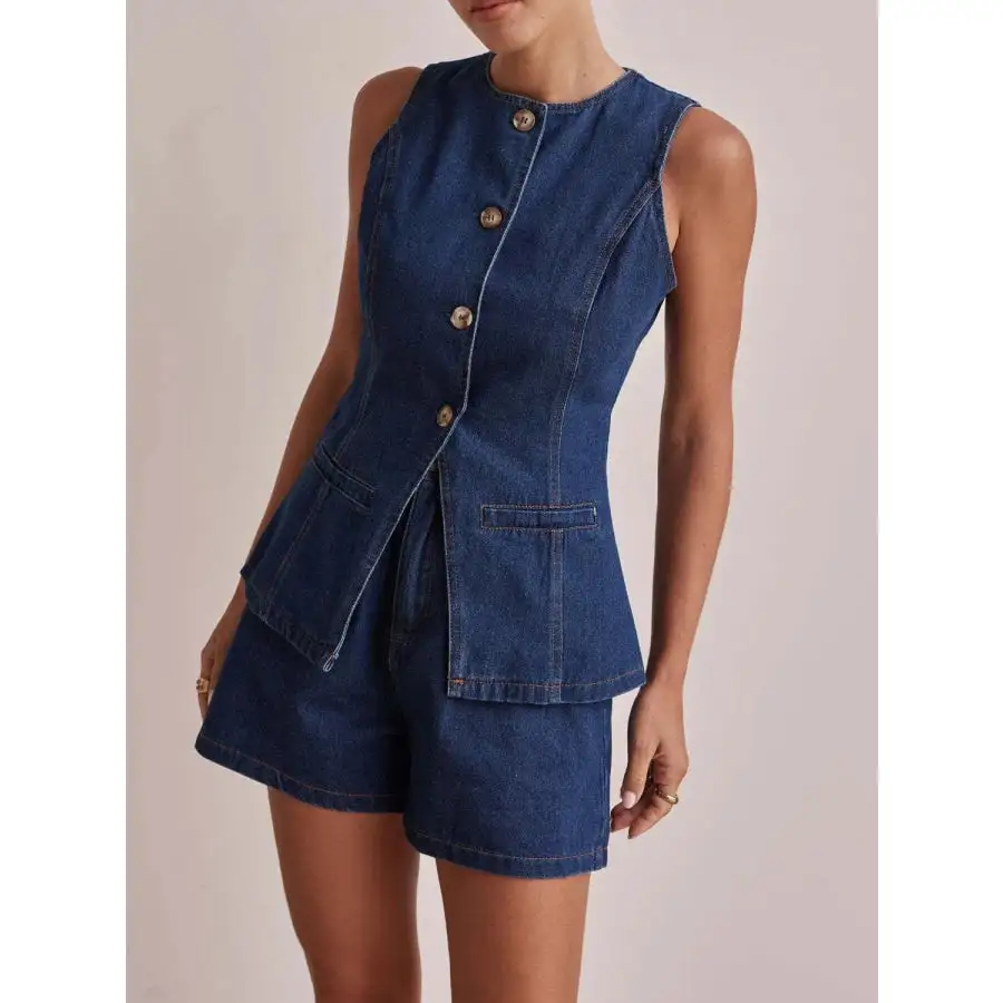 Relaxed Button Down Vest and Shorts Denim Set