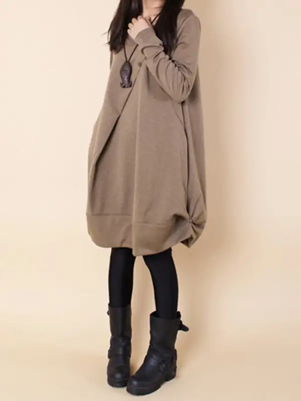 A Line Long Sleeve Pleated Solid Color Round Neck Dress Maxi