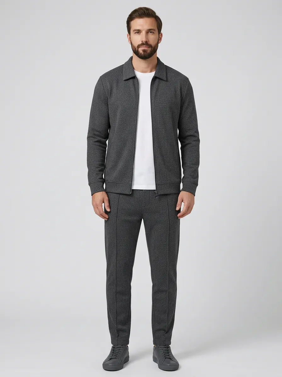 Men's Relaxed Houndstooth Smart Casual Polo Collar Jacket and Jogger Pants Set