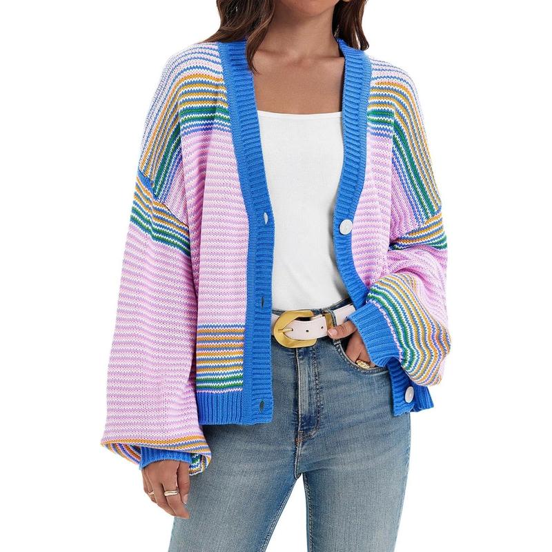 Womens Striped Cardigan Sweaters Oversized Puff Sleeve Button Up V Neck Color Block Knit Sweater Coat