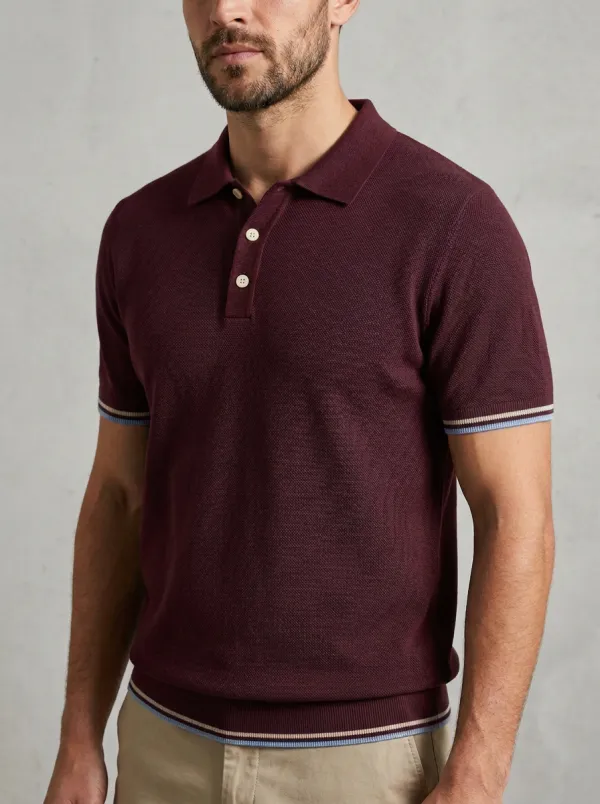 Men's Navy Blue Textured Knit Striped Trim Polo Shirt