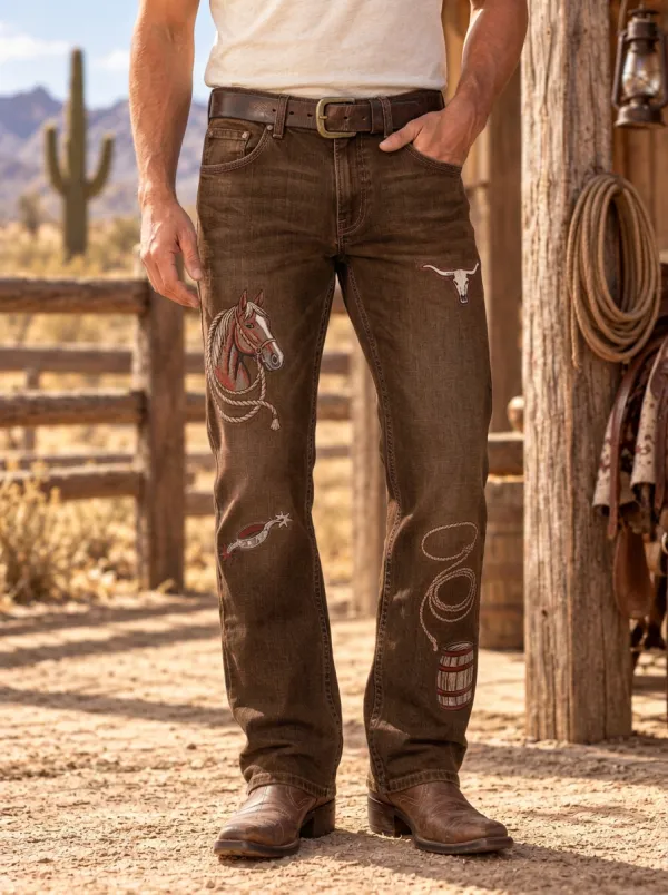 Men's Classic Western Cowboy Horse Skull Jeans