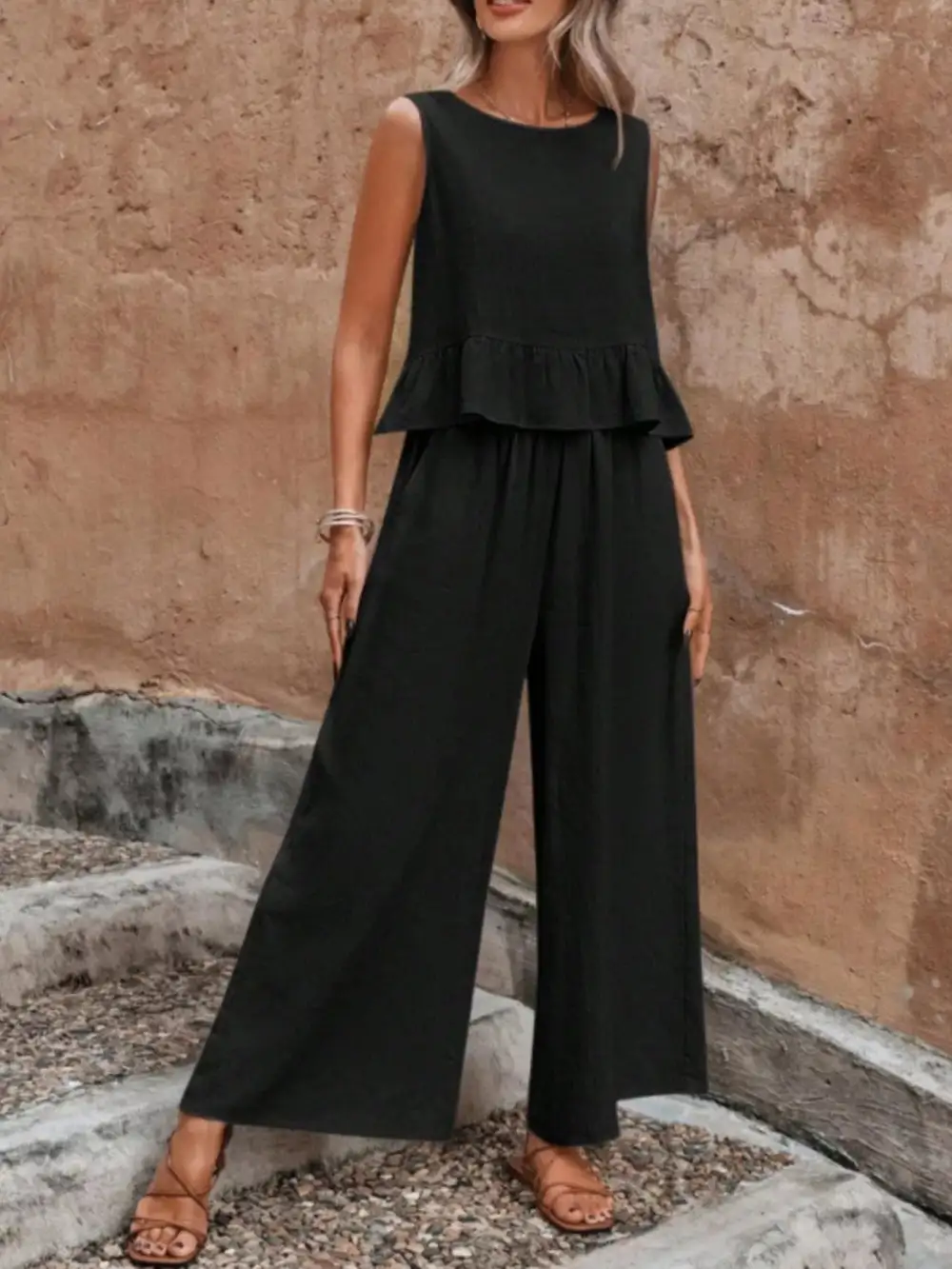 Sleeveless Ruffle Hem Top and Wide Leg Pants Two