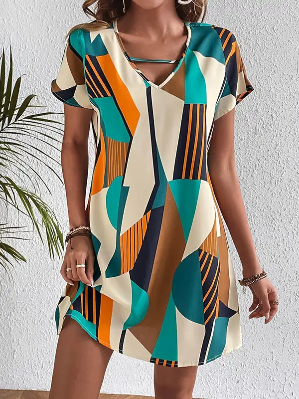 A Line Relaxed Contrast Color Printed Zipper V Neck Mini Dress
