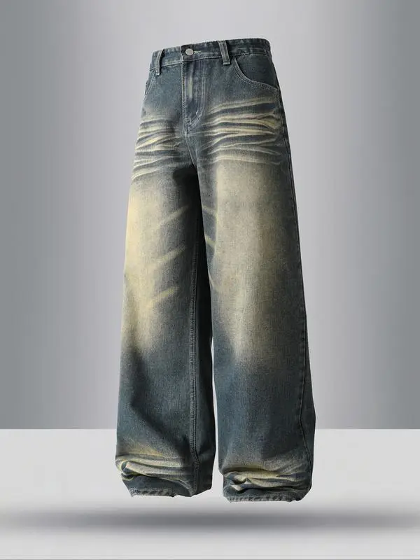 Men's Vintage Wash Pocket Wide Leg Jeans, Loose Casual Comfy Denim Pants for Daily Wear, Woven Bottoms for All Seasons