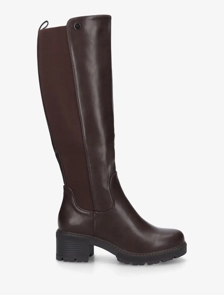 Bold Detail Stretch Panel Block Heel Faux Leather Knee High Boots