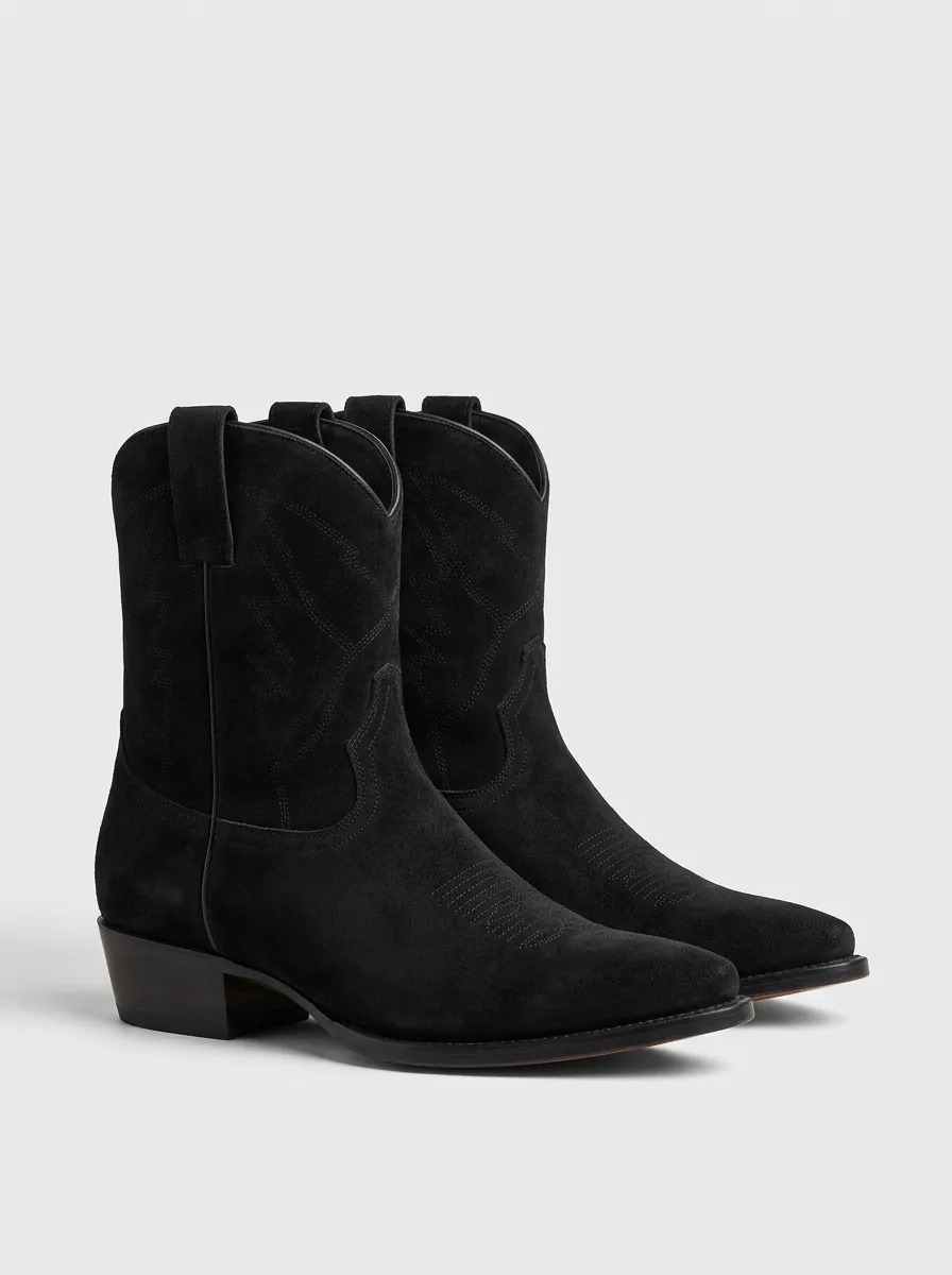 Unisex Black Suede Western Boots with Stitch Detail