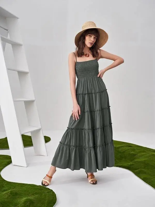 Women Shirred Detail Frill Layered Hem Cami Dress
