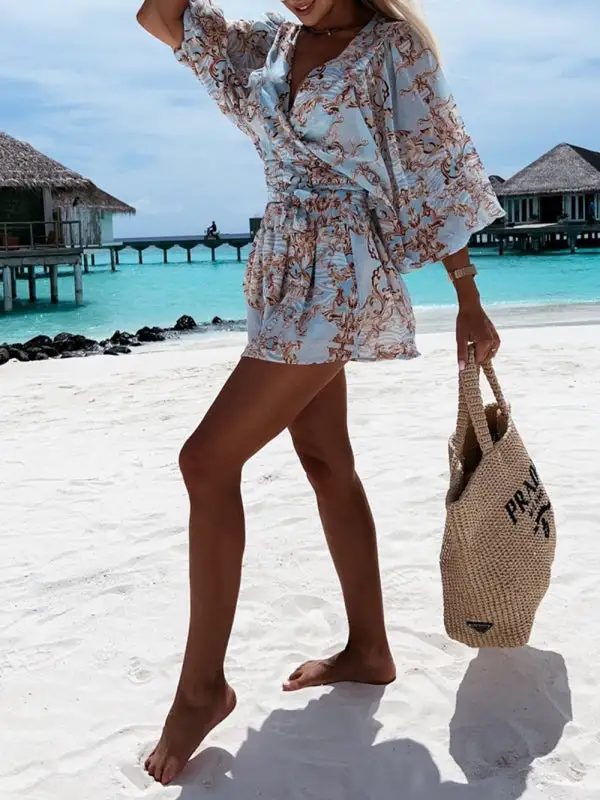 Woven Floral Long Sleeved V Neck Shorts
