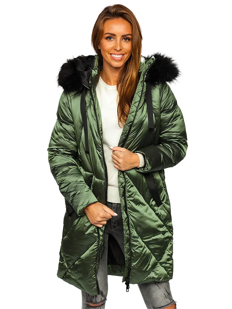 women's green quilted winter jacket with hood