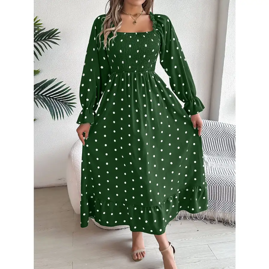 Polka Dot Flounce Sleeve Midi Dress