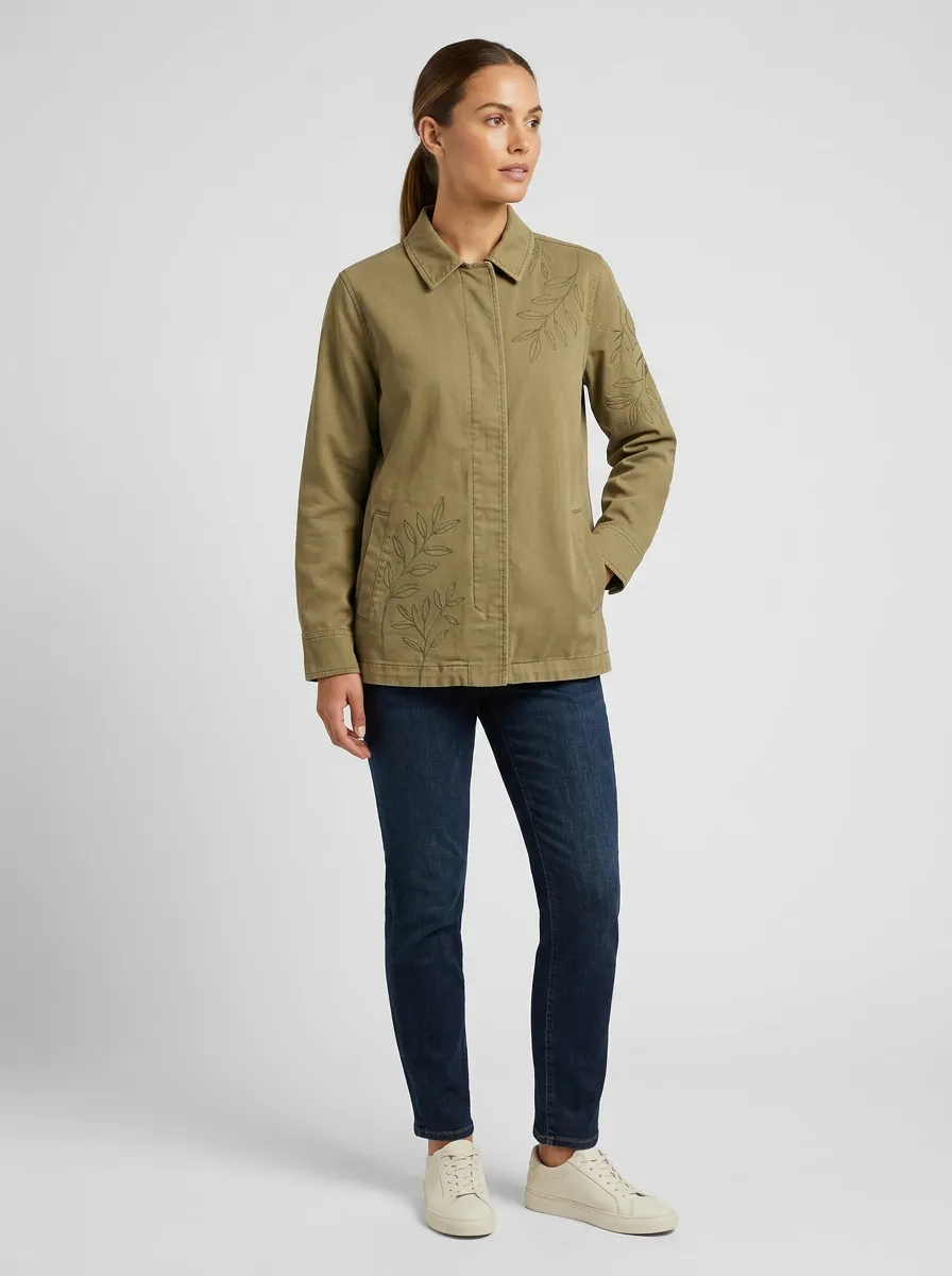 Women's Olive Leaf Embroidered Printed Jacket