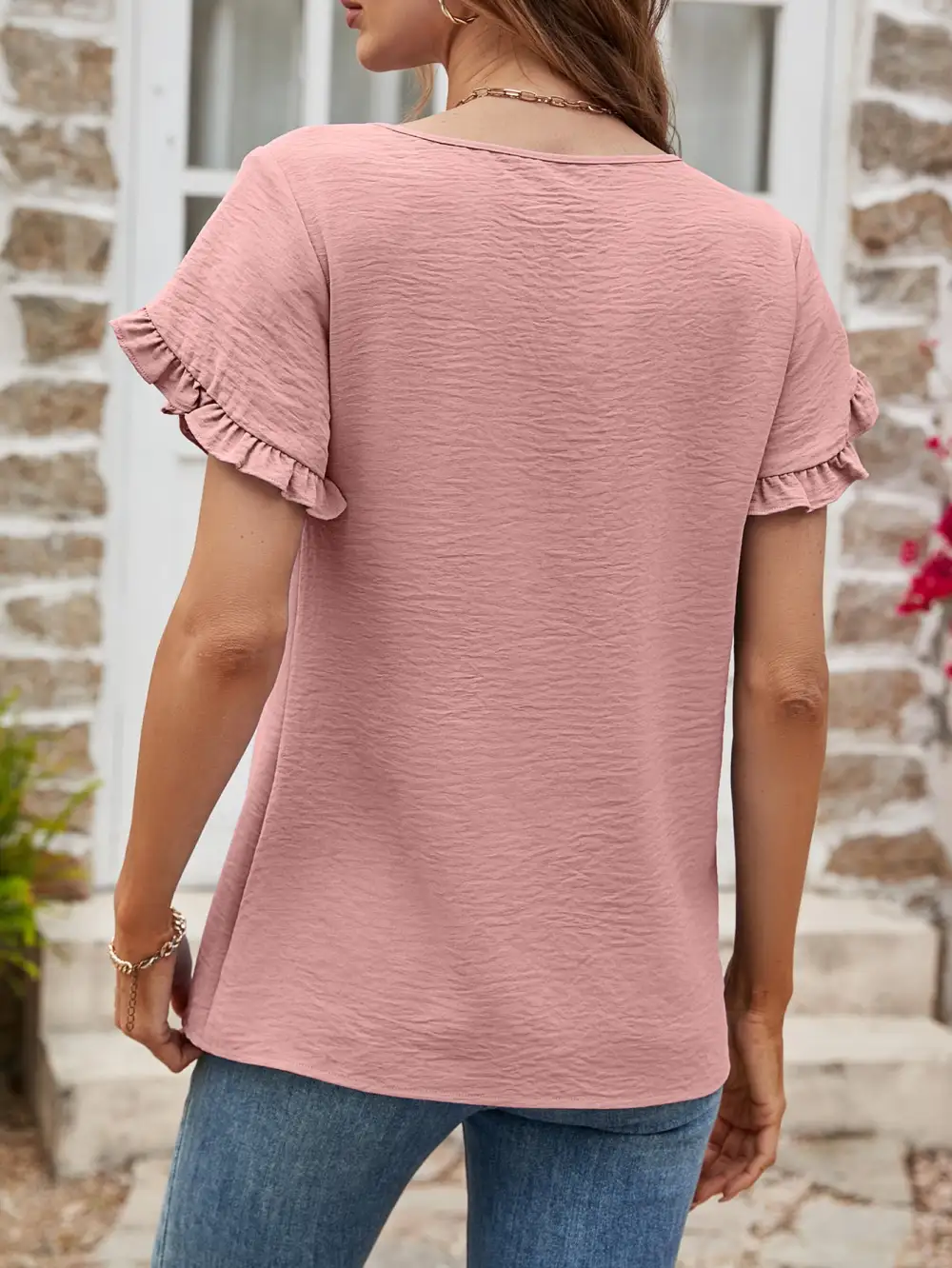 Textured Petal Sleeve Round Neck T-Shirt