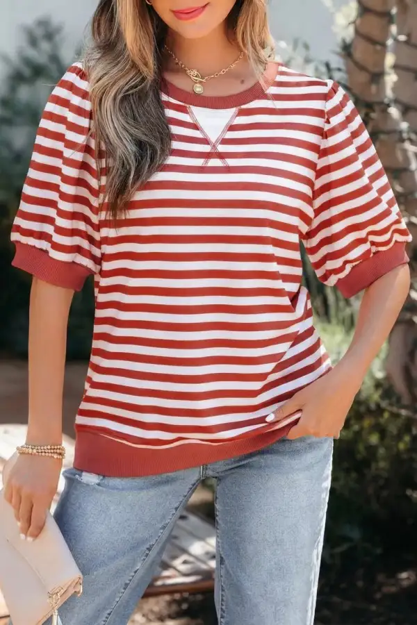 Striped Puff Sleeve Casual T Shirt