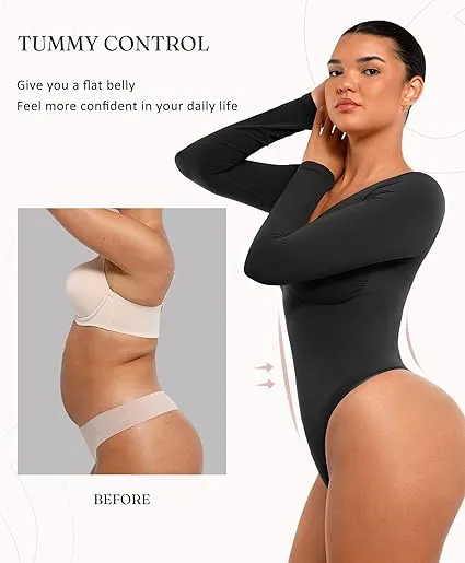 Women's Seamless Sculpt Long Sleeve Thong Comfortable Bodysuit for Tops and Underwear