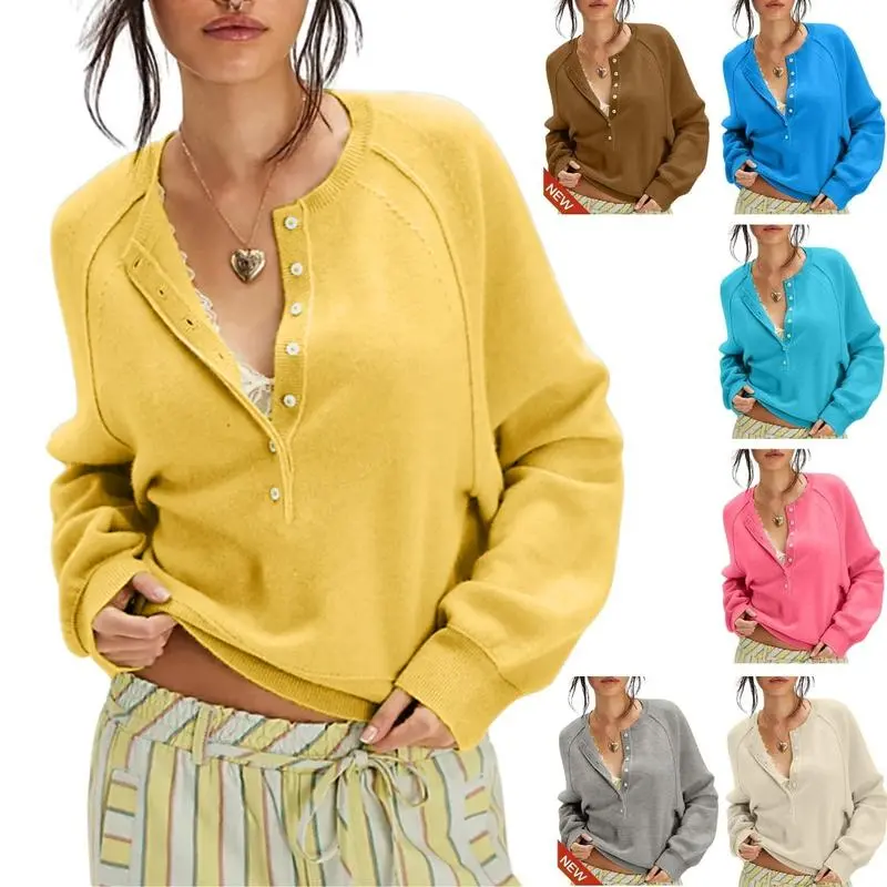 Women's Henley Neck Half-Button Knitting Sweater
